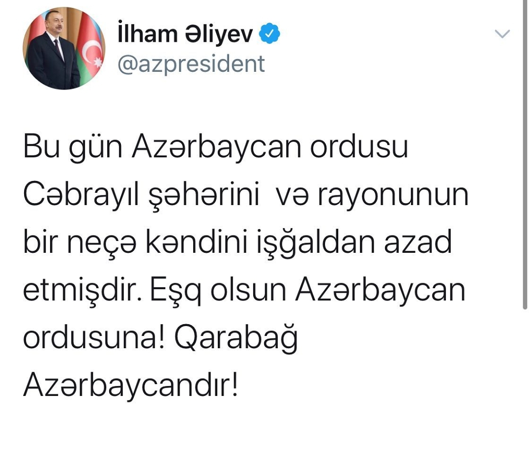 ŞAD XƏBƏR!!! Azərbaycan Ordusu Cəbrayıl şəhərini və rayonun bir neçə kəndini işğaldan azad edib