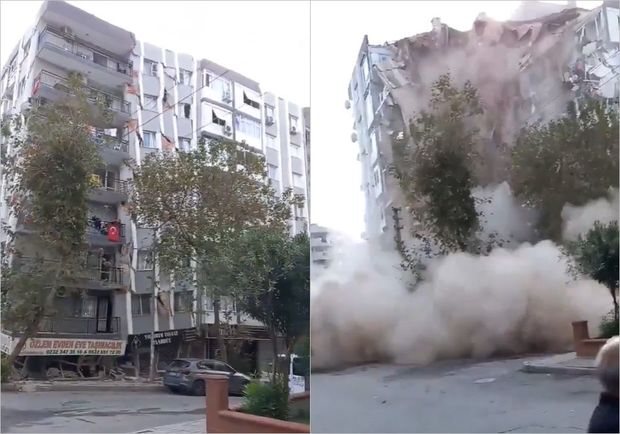 İzmirdə zəlzələ zamanı binanın çökmə anı – VİDEO